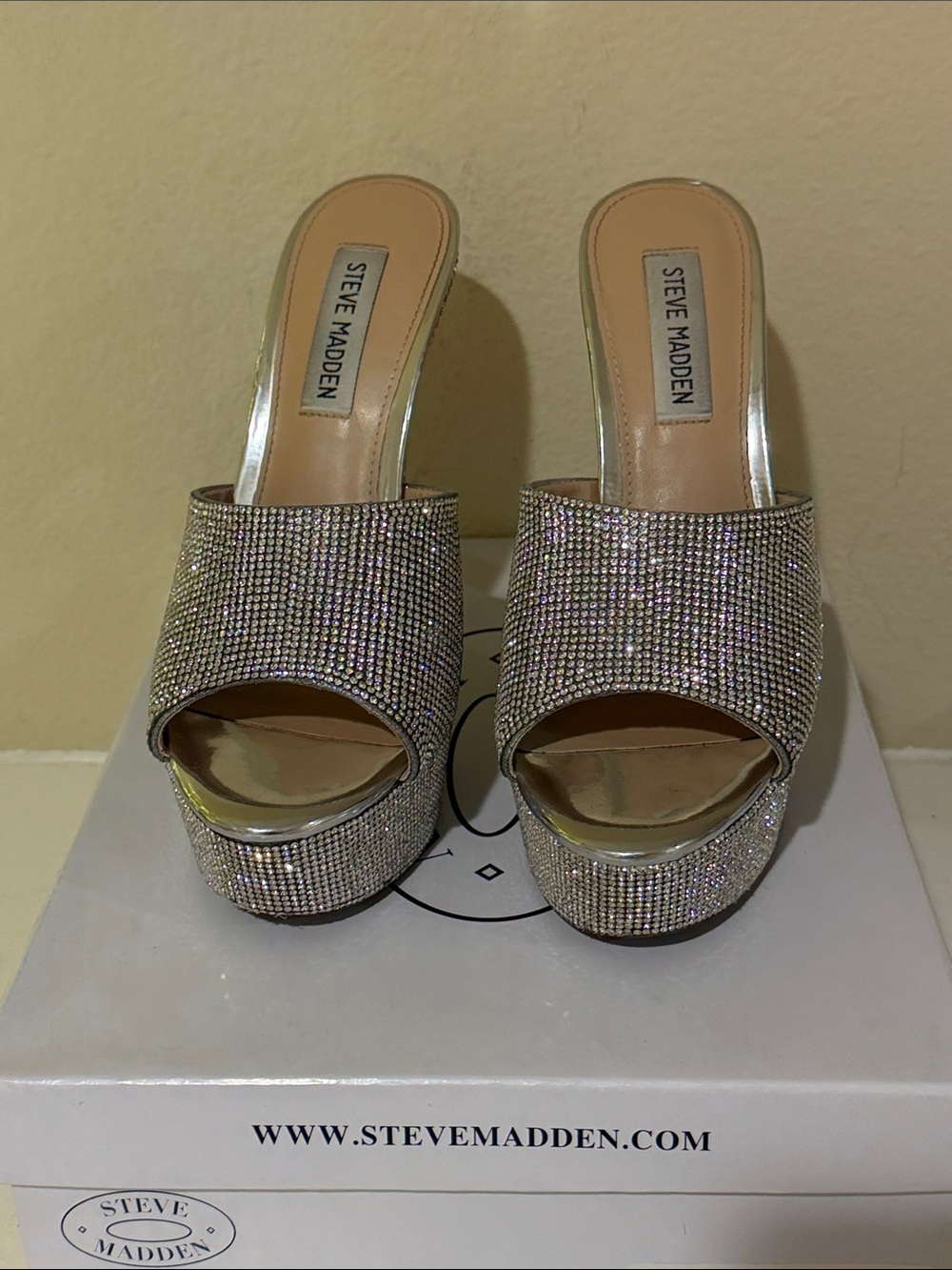 Steve Madden Silver Rhinestone Platform Slide Sandals
